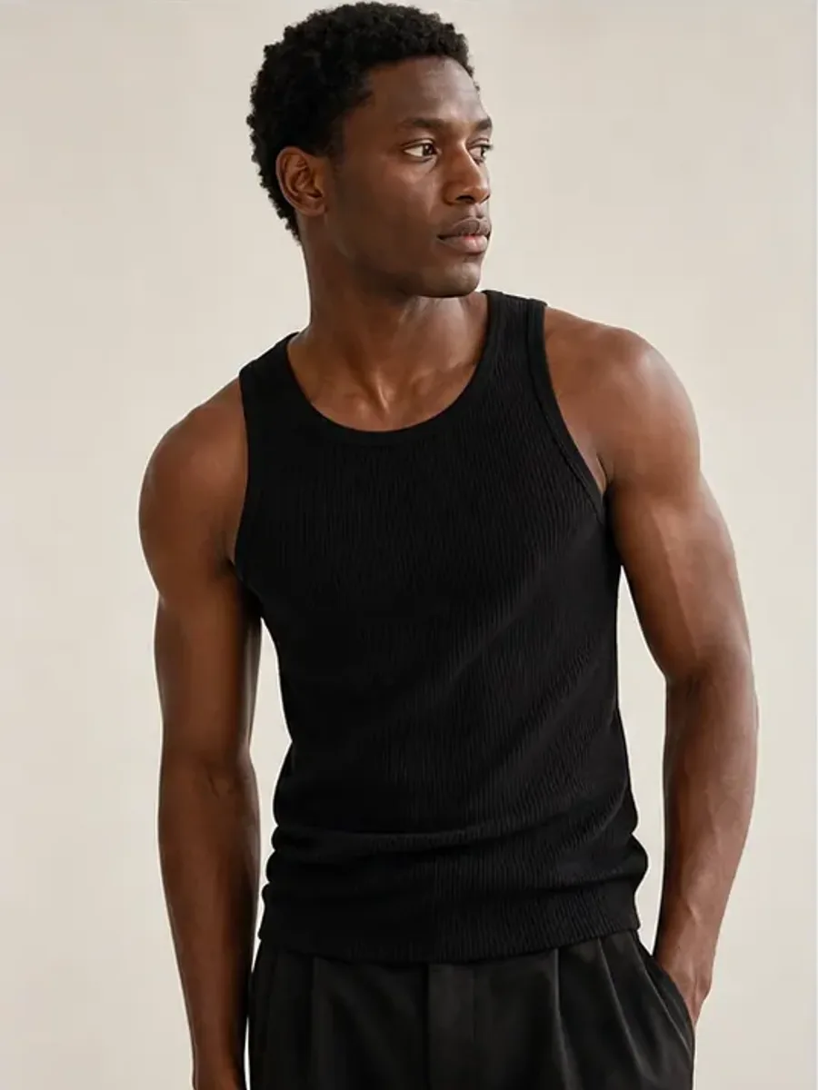Black ribbed tank on model